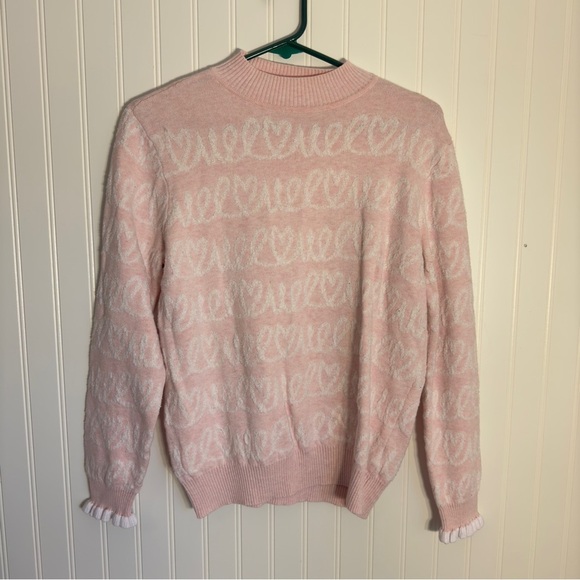 Elle Sweaters - ELLE Women’s Pink with White Cursive Heart Design Mock Neck Sweater Size Large